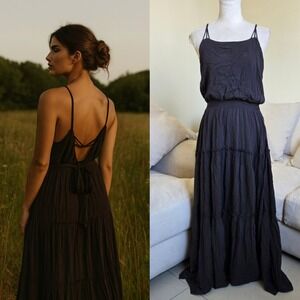 Free‎ People Valerie XS Black Maxi Dress Sleeveless Tiered Bohemian Summer